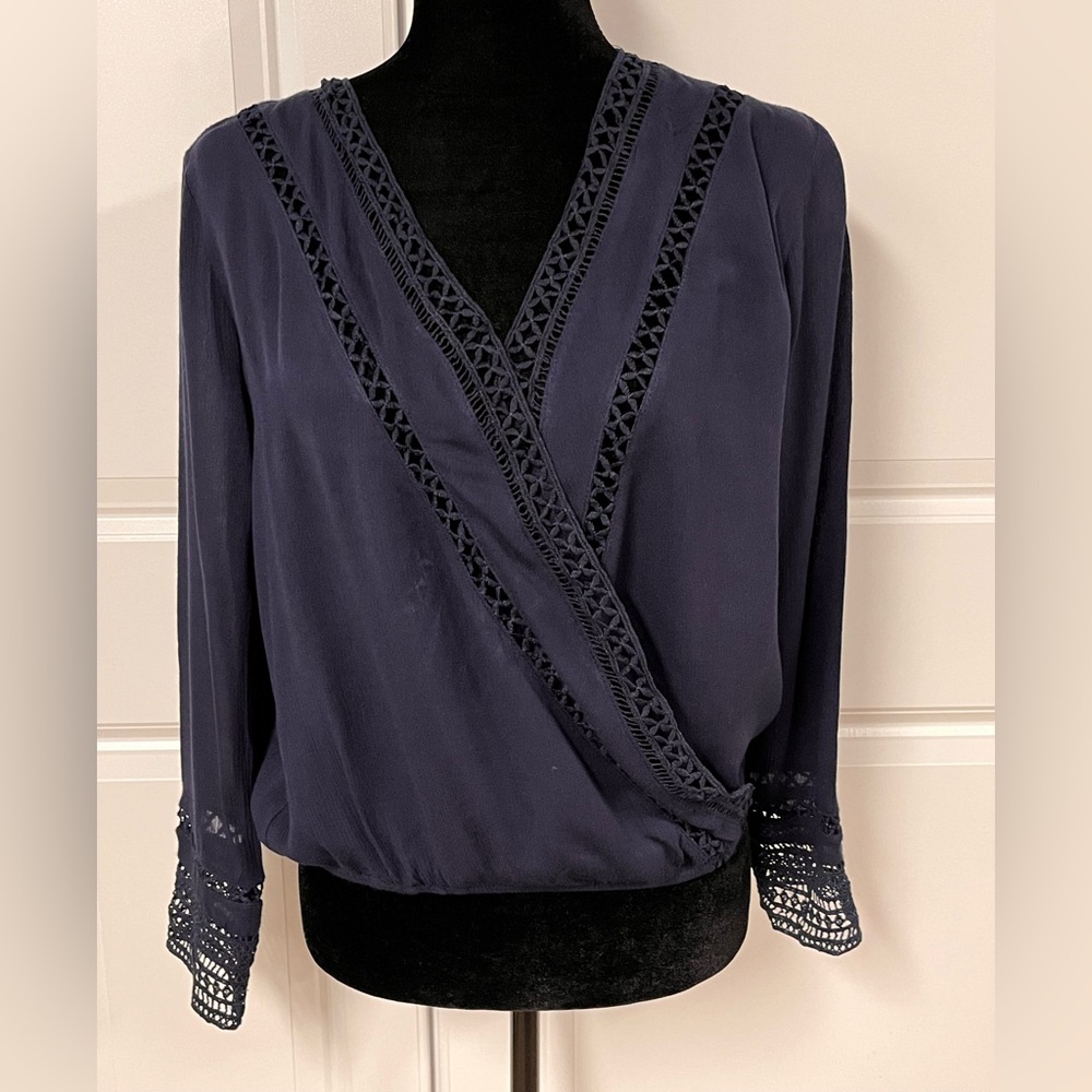 Onetheland Blue Wrap Blouse With Lace Trim